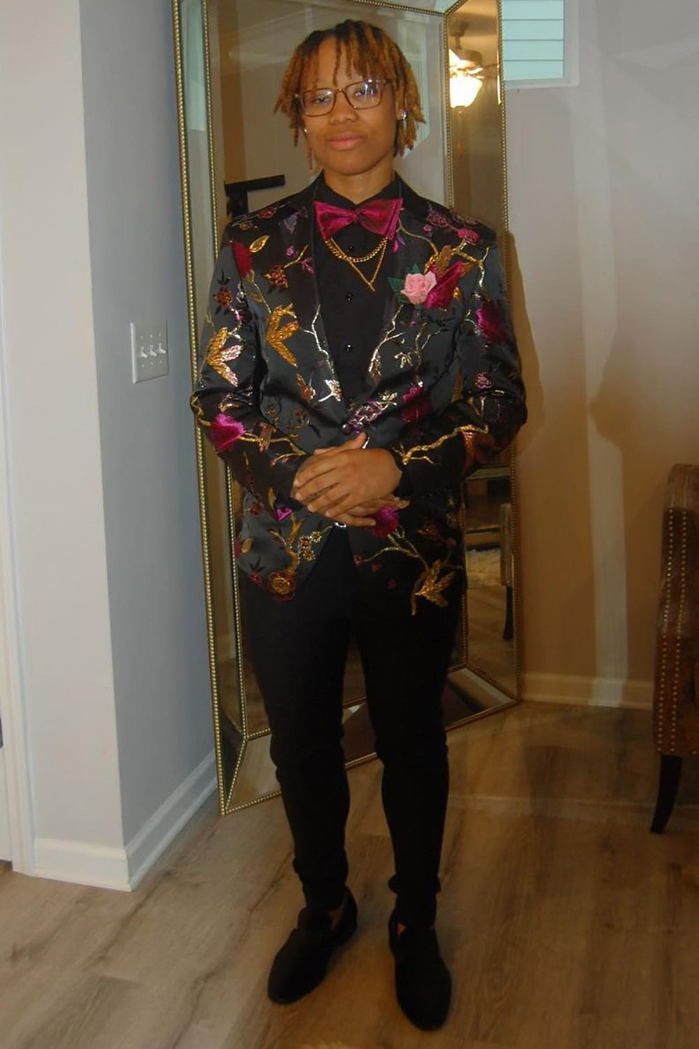 Men's Prom Blazer with Jacquard Flower Notched Lapel