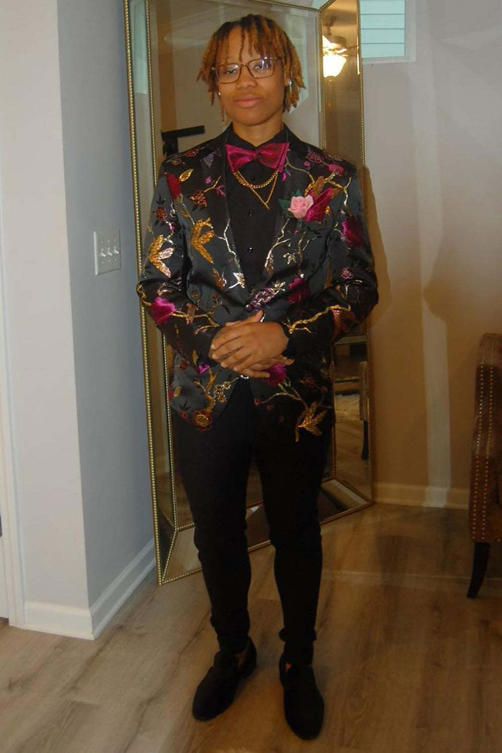 Men's Prom Blazer with Jacquard Flower Notched Lapel