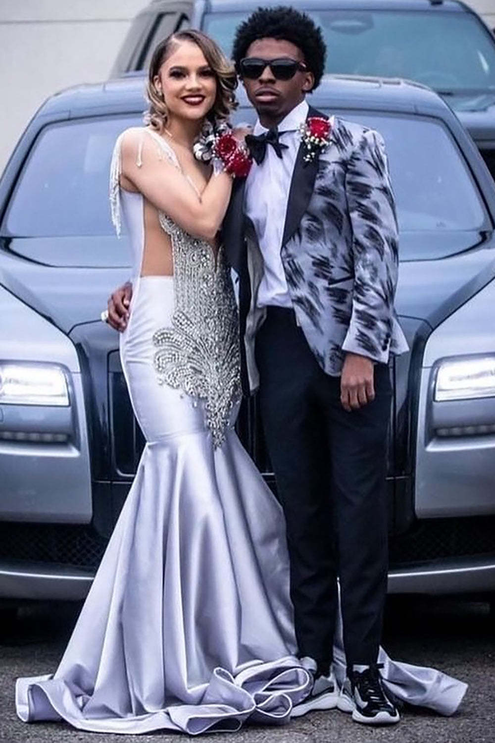 Men's Prom Blazer with Silver Shawl Lapel Print
