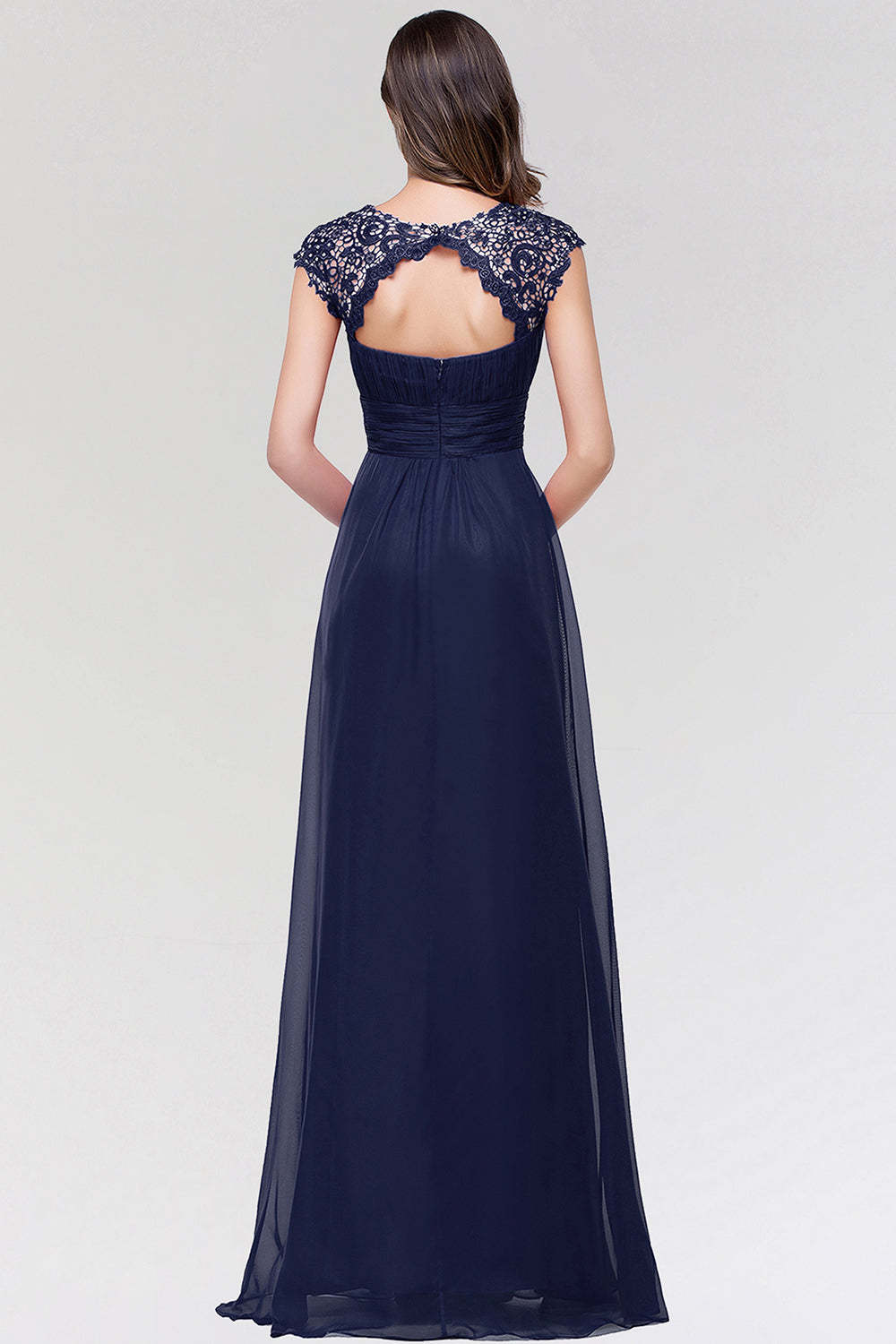 Elegant Chiffon Pleated Navy Lace Bridesmaid Dress with Keyhole Back
