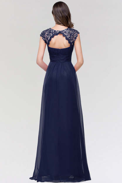 Elegant Chiffon Pleated Navy Lace Bridesmaid Dress with Keyhole Back