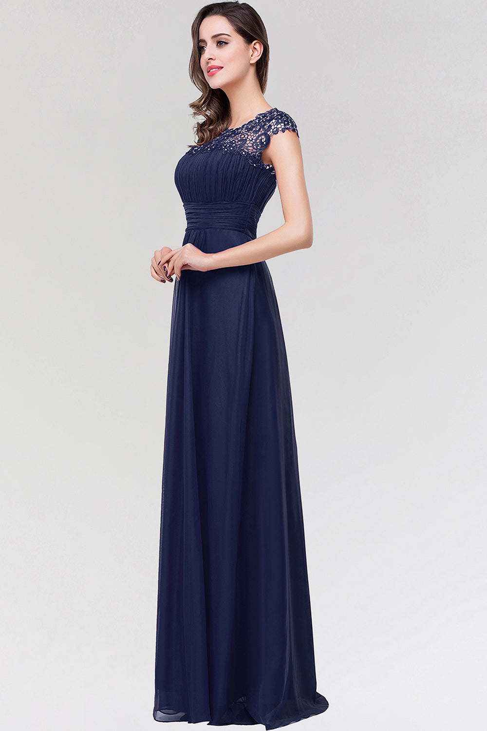 Elegant Chiffon Pleated Navy Lace Bridesmaid Dress with Keyhole Back