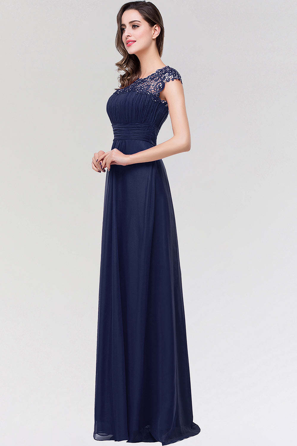 Elegant Chiffon Pleated Navy Lace Bridesmaid Dress with Keyhole Back