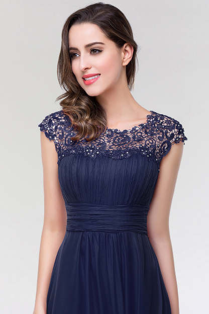 Elegant Chiffon Pleated Navy Lace Bridesmaid Dress with Keyhole Back