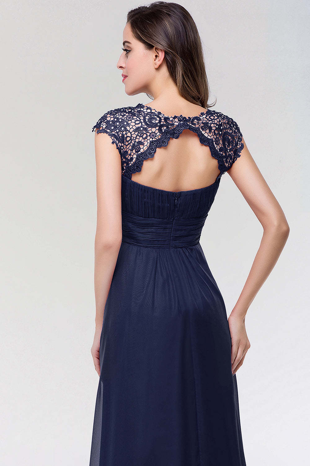 Elegant Chiffon Pleated Navy Lace Bridesmaid Dress with Keyhole Back