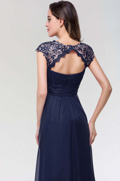 Elegant Chiffon Pleated Navy Lace Bridesmaid Dress with Keyhole Back