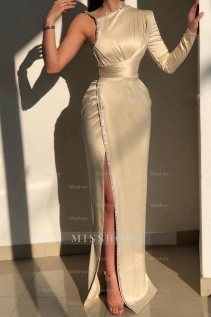 Elegant Ivory One-shoulder Long-Sleeve Sheath Prom Dresses with Sequins