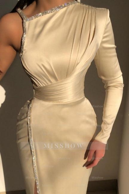 Elegant Ivory One-shoulder Long-Sleeve Sheath Prom Dresses with Sequins