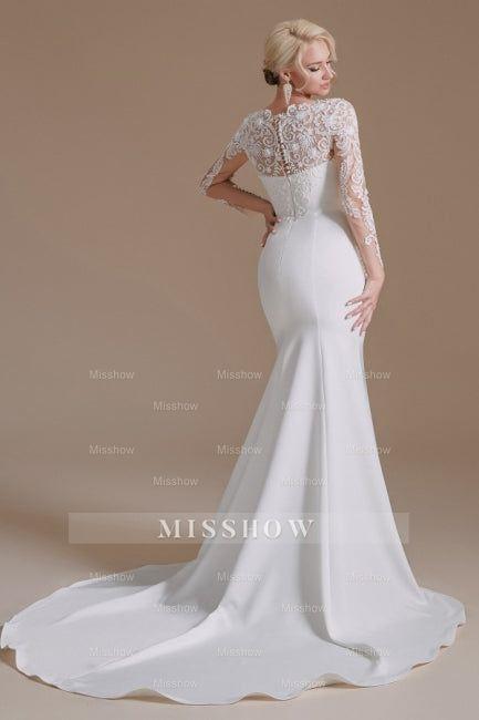 Elegant Jewel Long-Sleeve Mermaid Floor-Length Satin Wedding Dresses with Pattern