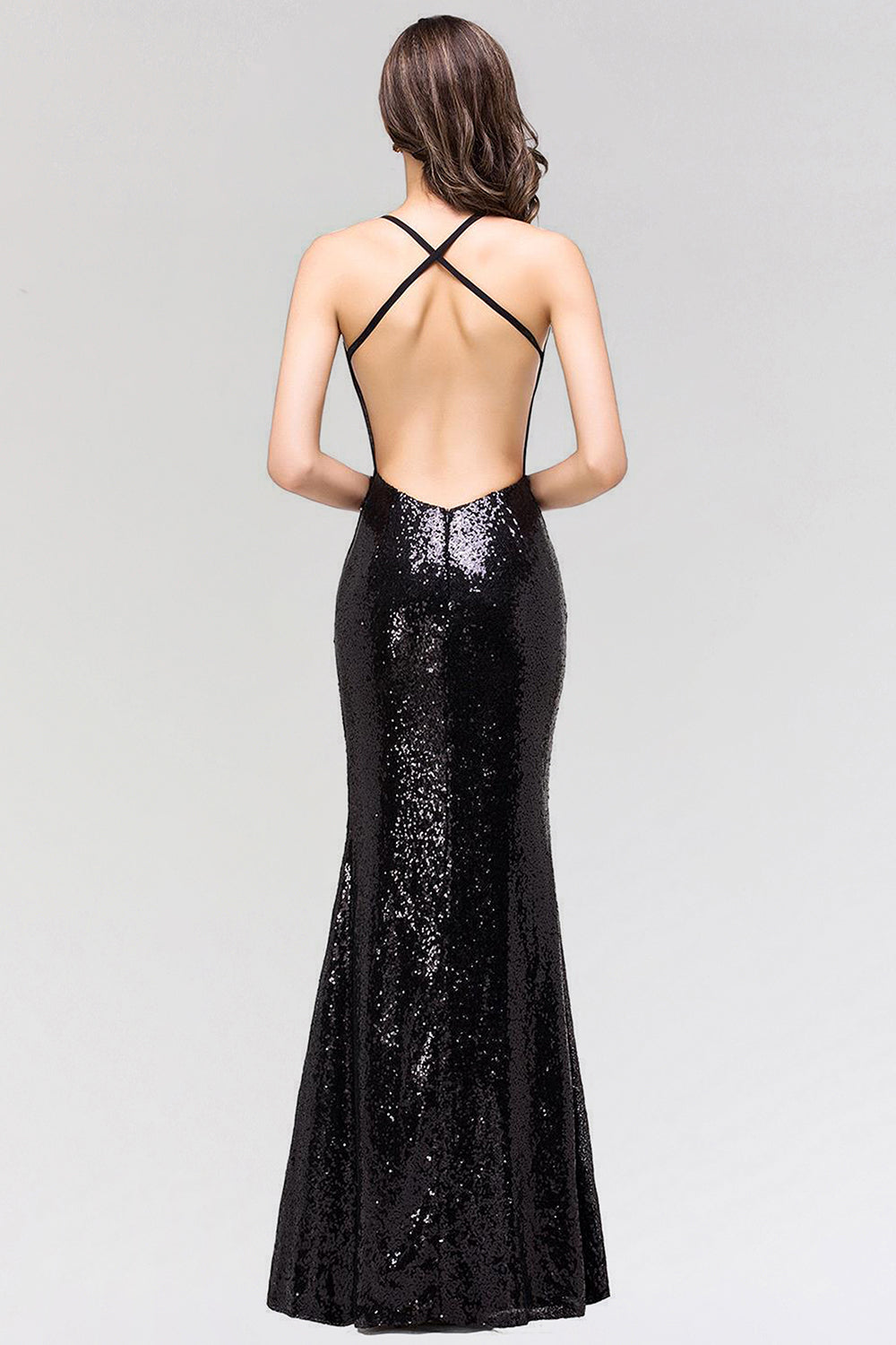 Elegant Mermaid Sequined Long Black Bridesmaid Dress with Spaghetti Straps
