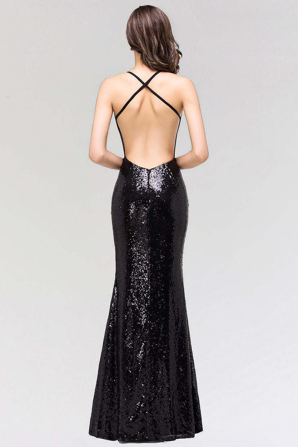 Elegant Mermaid Sequined Long Black Bridesmaid Dress with Spaghetti Straps
