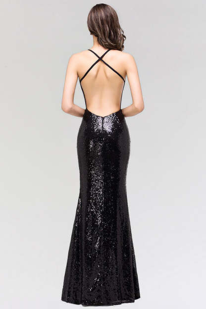 Elegant Mermaid Sequined Long Black Bridesmaid Dress with Spaghetti Straps