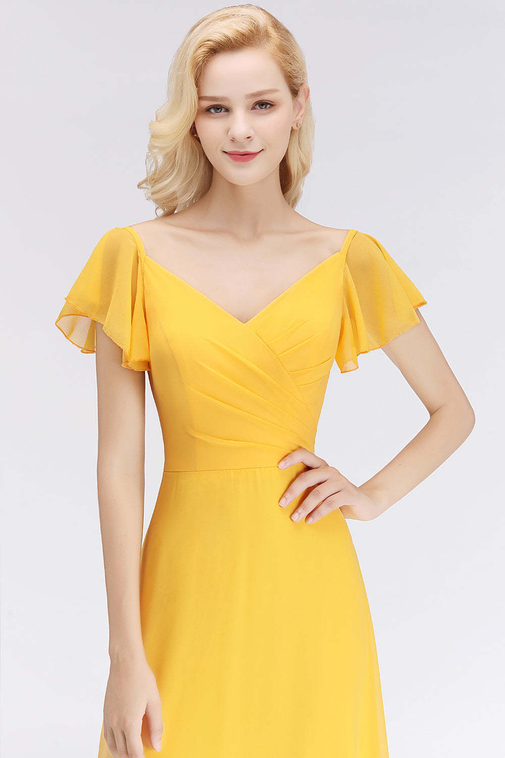 Elegent Short-Sleeve Long Bridesmaid Dress Online Yellow Chiffon Wedding Party Dress