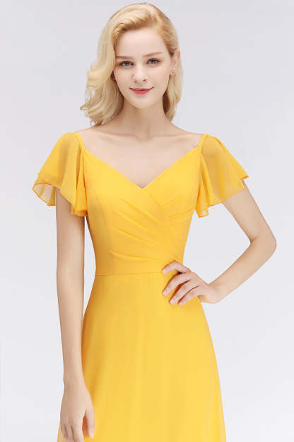Elegent Short-Sleeve Long Bridesmaid Dress Online Yellow Chiffon Wedding Party Dress