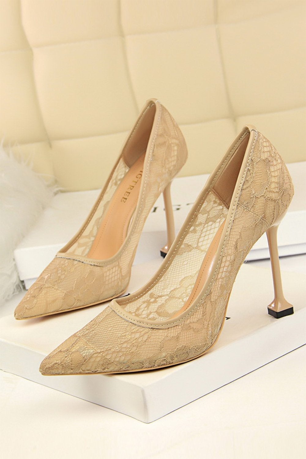 Pointy Stiletto Heels in Black Lace