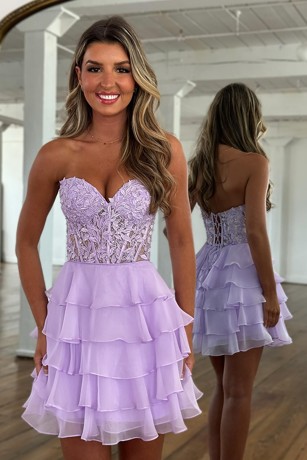 Lilac A Line Strapless Tiered Corset Short Cocktail Dress With Appliques