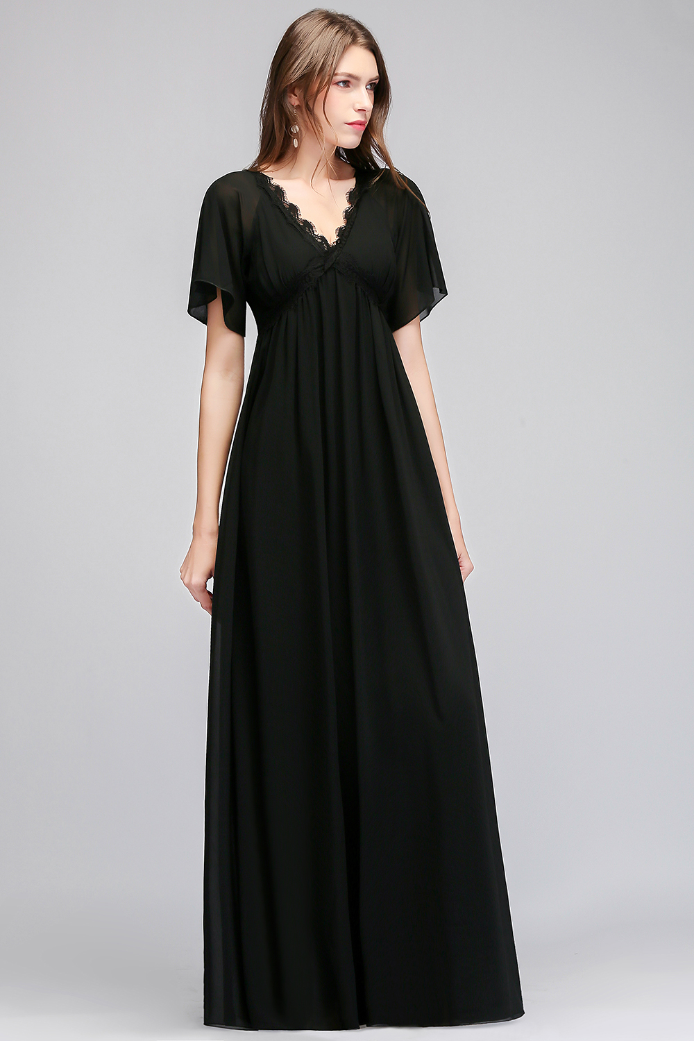BMbridal Affordable Chiffon Black V Neck Bridesmaid Dresses with Short Sleeves