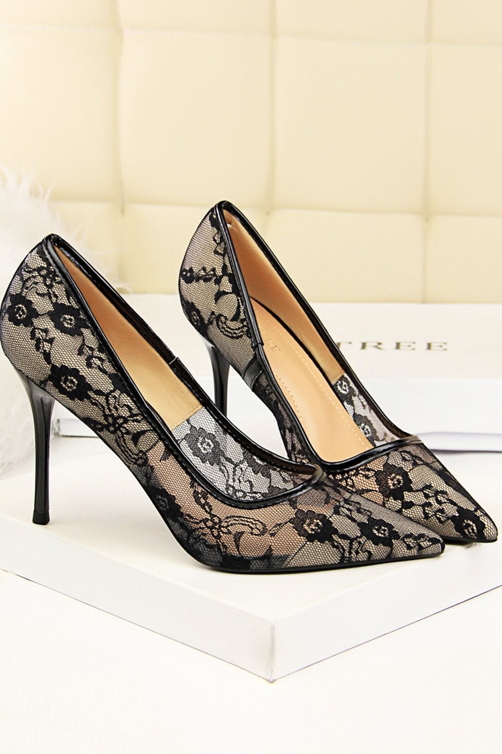 Stiletto Heels with Black Floral Lace