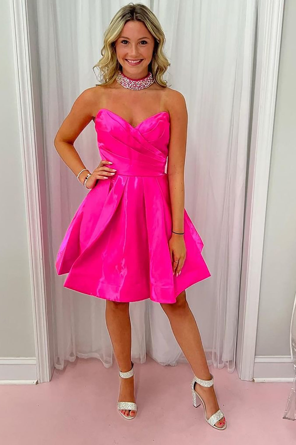 Unique A Line Sweetheart Hot Pink Short Cocktail Dress With Ruched