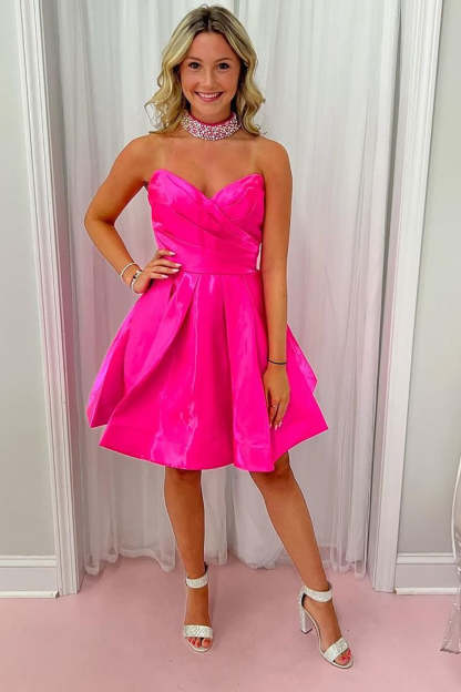 Unique A Line Sweetheart Hot Pink Short Cocktail Dress With Ruched