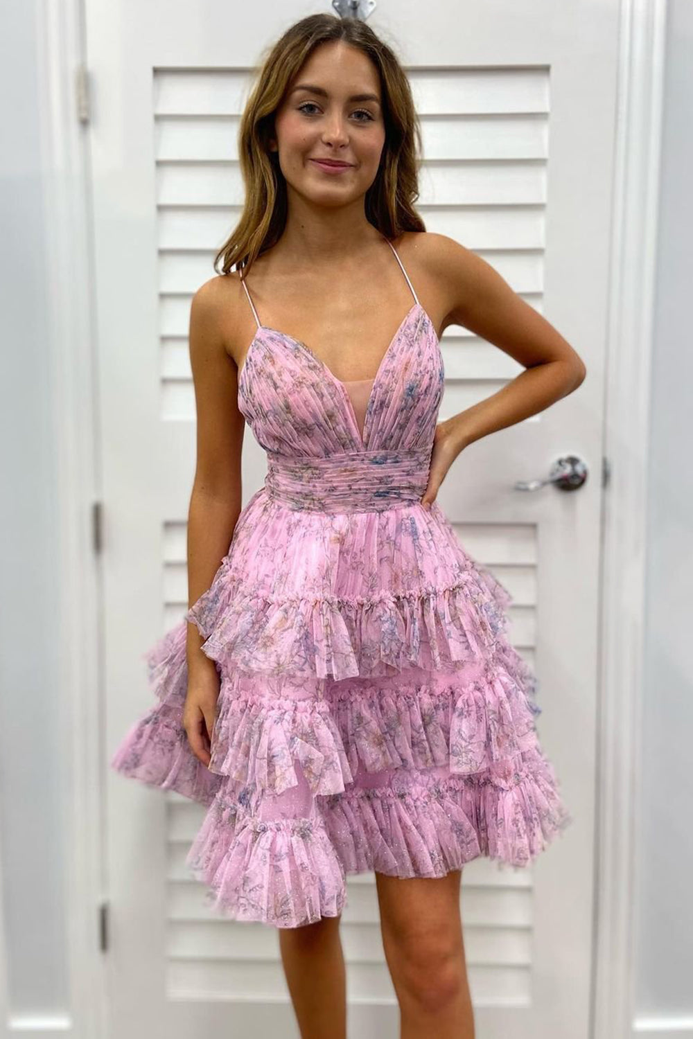 Gorgeous A Line Spaghetti Straps Pink Floral Printed Short Cocktail Dress