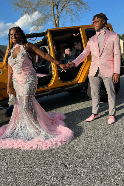 Men's Prom Blazer with Pink Sequins and Shawl Lapel