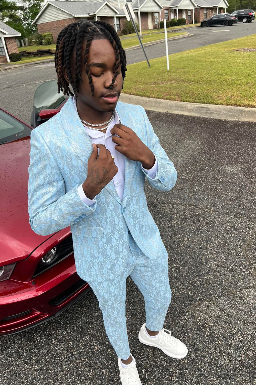 Light Blue Men's Prom Suit with Shawl Lapel and Single Button