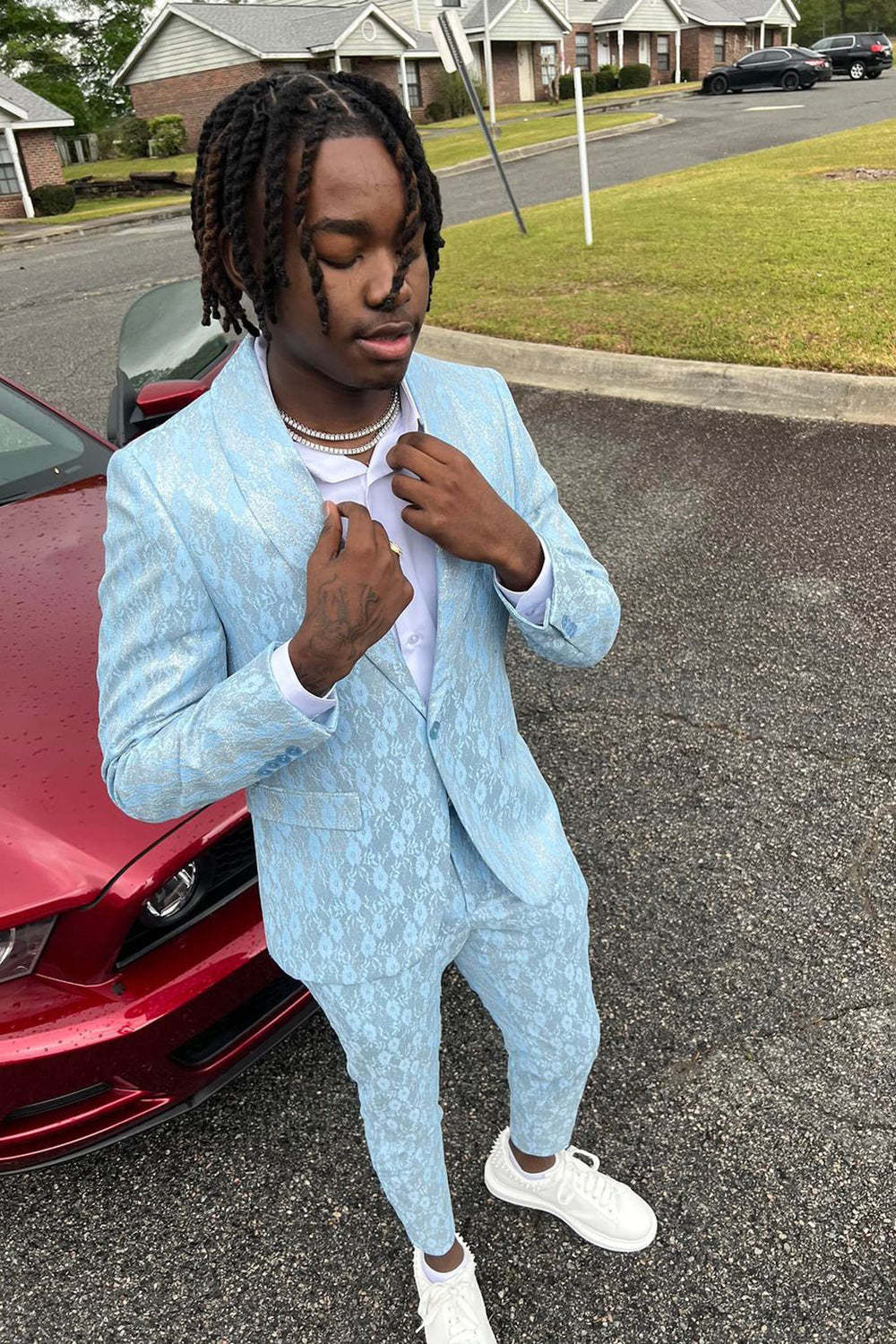 Light Blue Men's Prom Suit with Shawl Lapel and Single Button