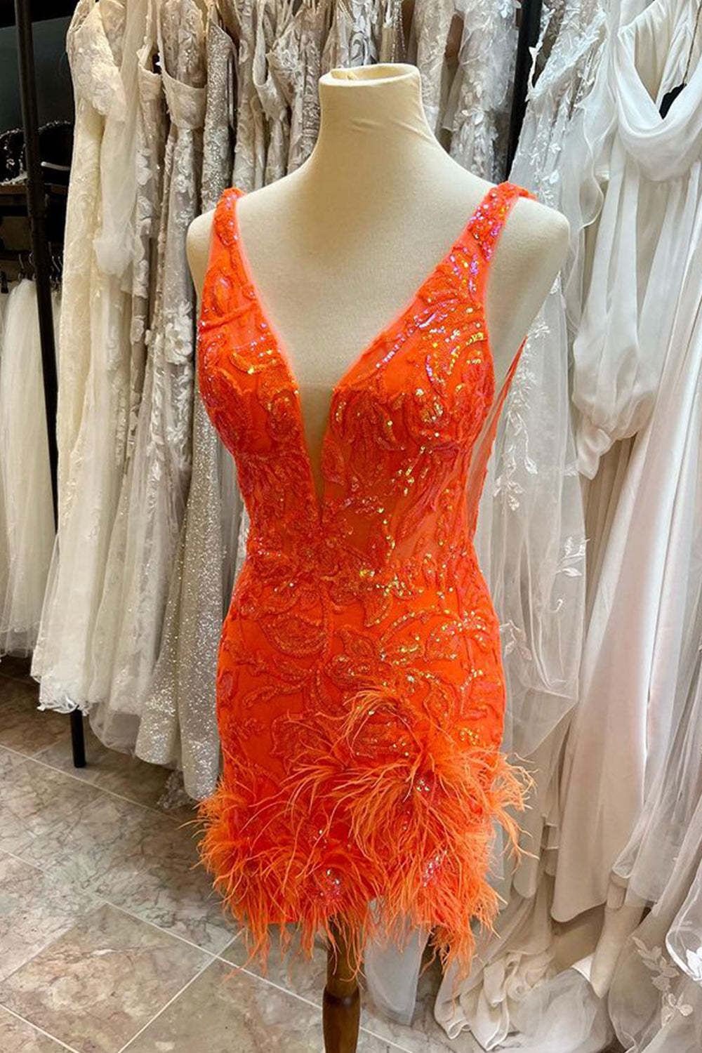 Sparkly Sheath Deep V Neck Orange Sequins Short Cocktail Dress With Feather