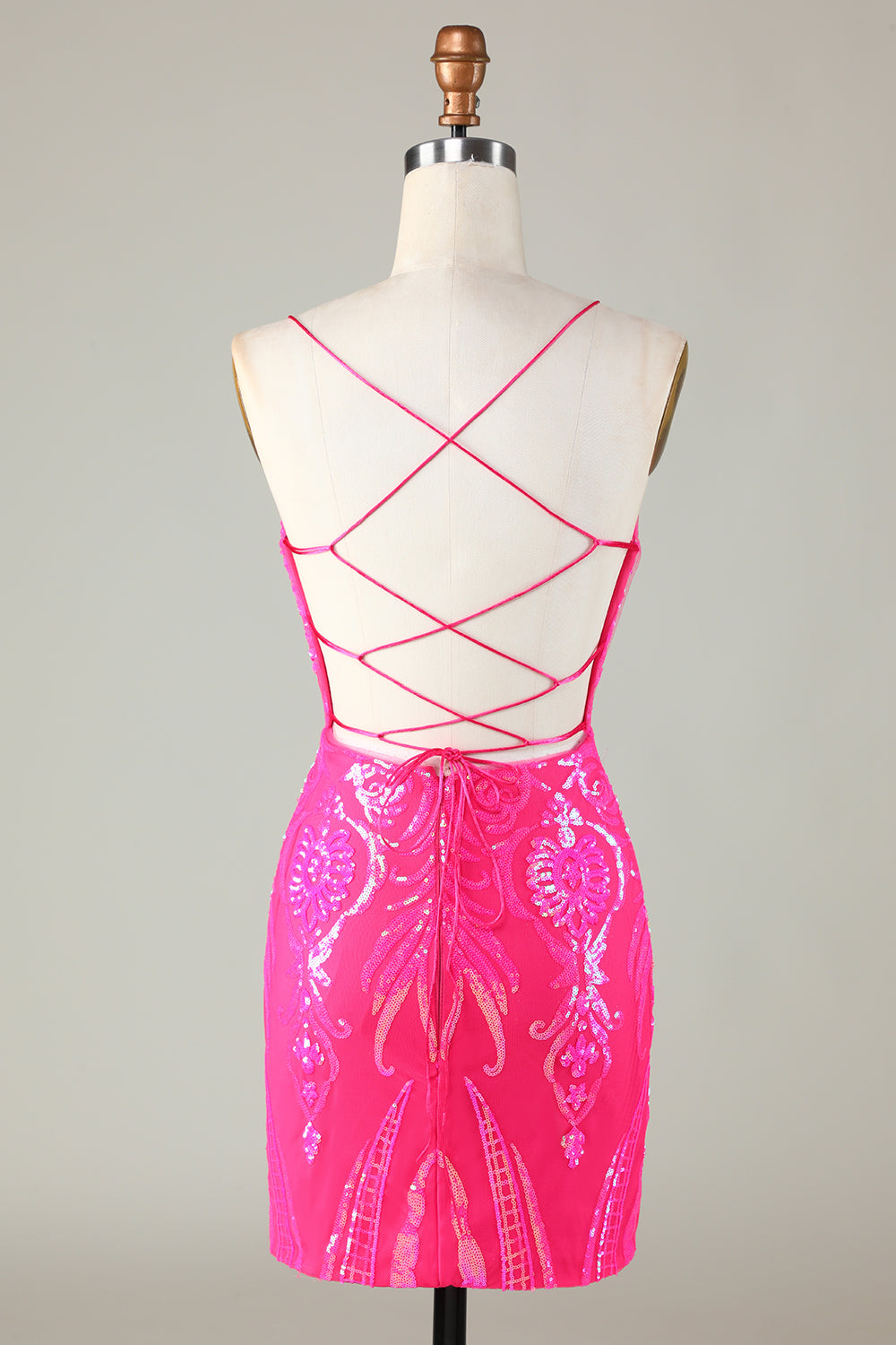 Stylish Bodycon Spaghetti Straps Hot Pink Short Cocktail Dress With Criss Cross Back