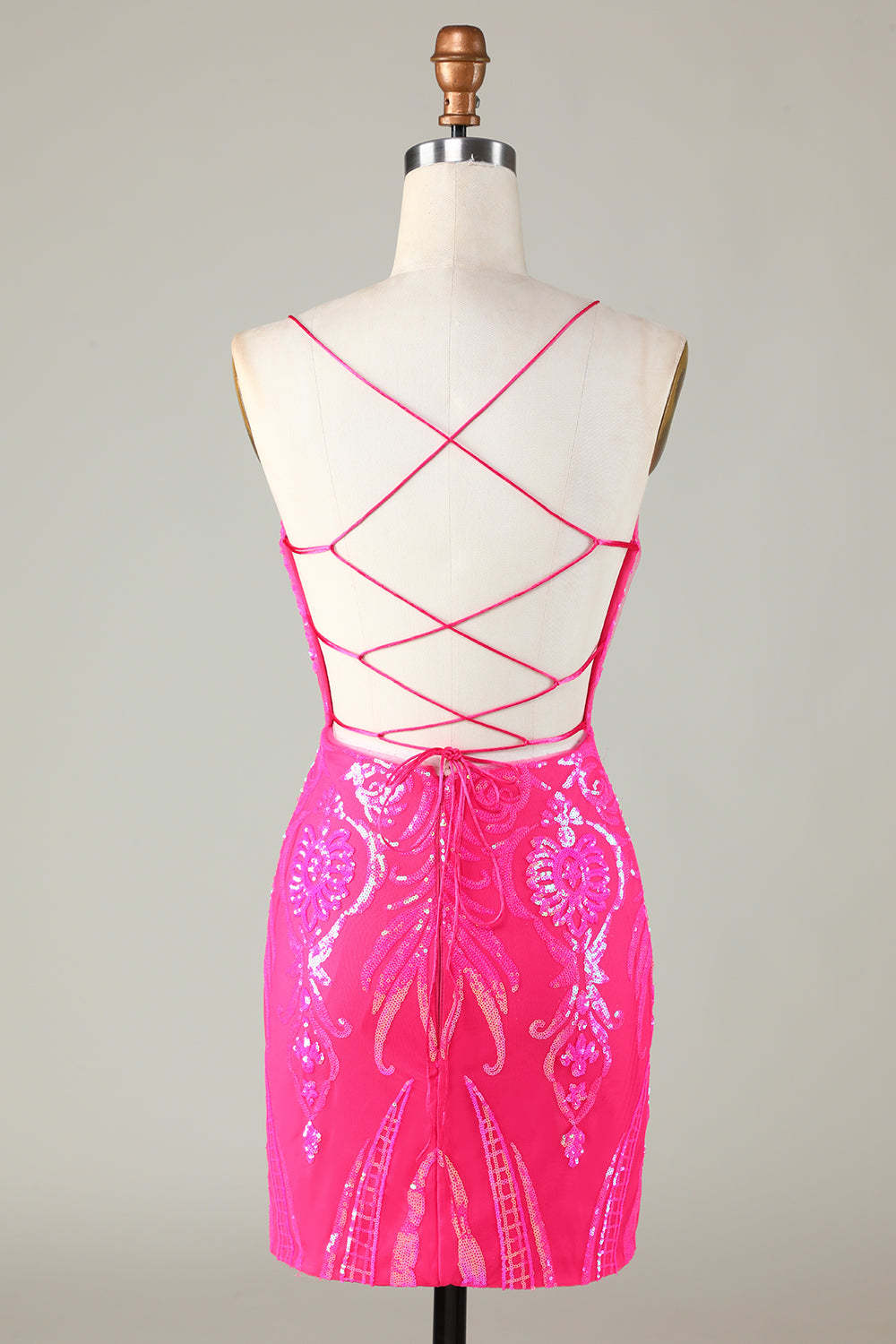 Stylish Bodycon Spaghetti Straps Hot Pink Short Cocktail Dress With Criss Cross Back