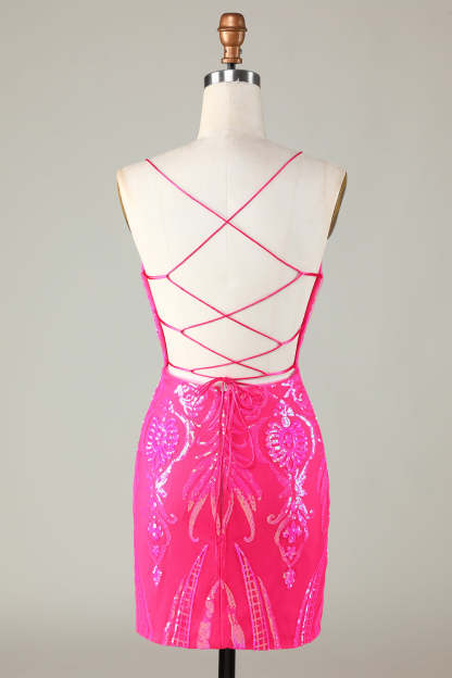 Stylish Bodycon Spaghetti Straps Hot Pink Short Cocktail Dress With Criss Cross Back
