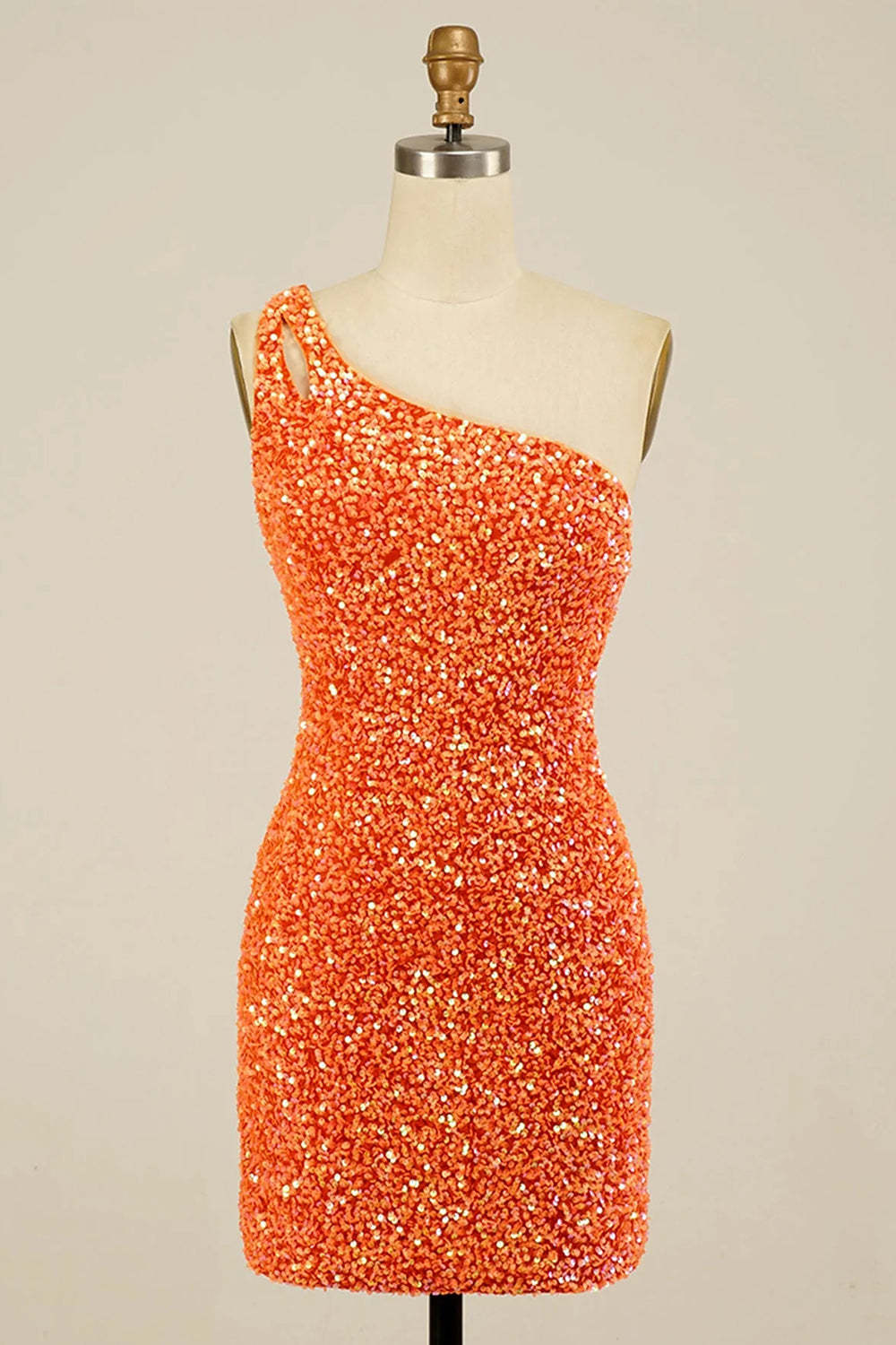 Bodycon One Shoulder Orange Sequins Open Back Short Cocktail Dress