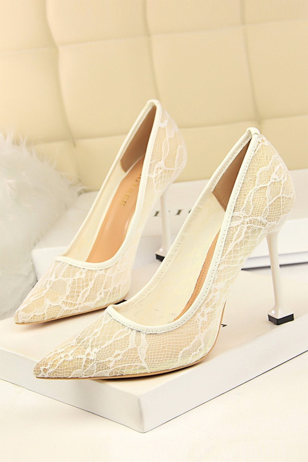 Pointy Stiletto Heels in Black Lace