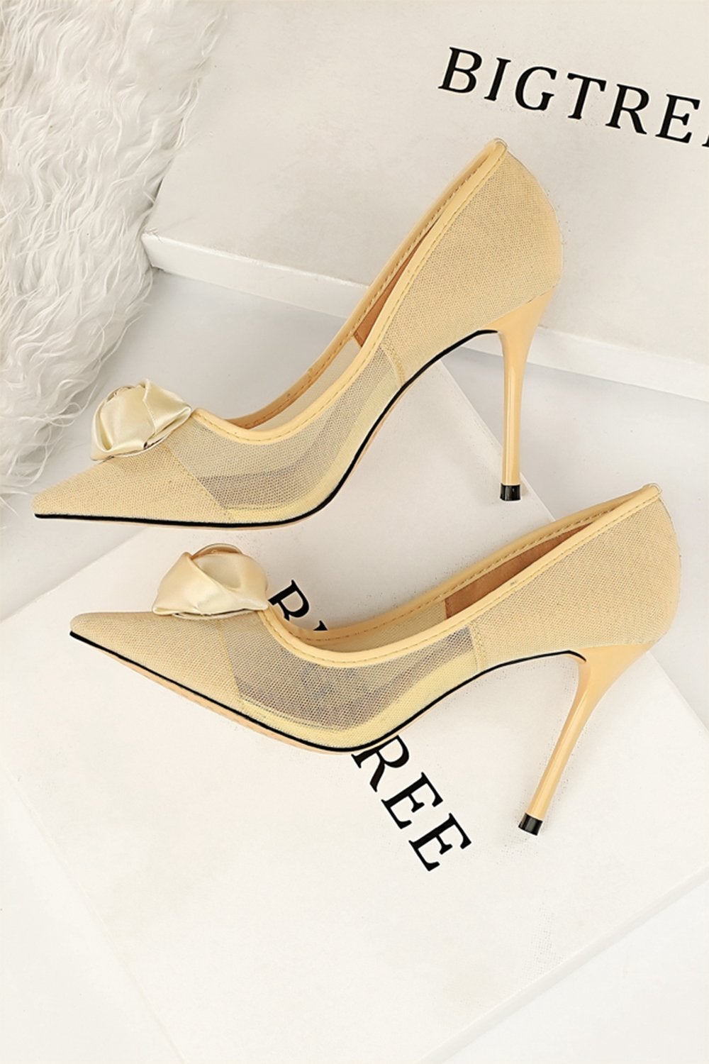Satin Rose Stiletto Heels with Mesh Hollow Design