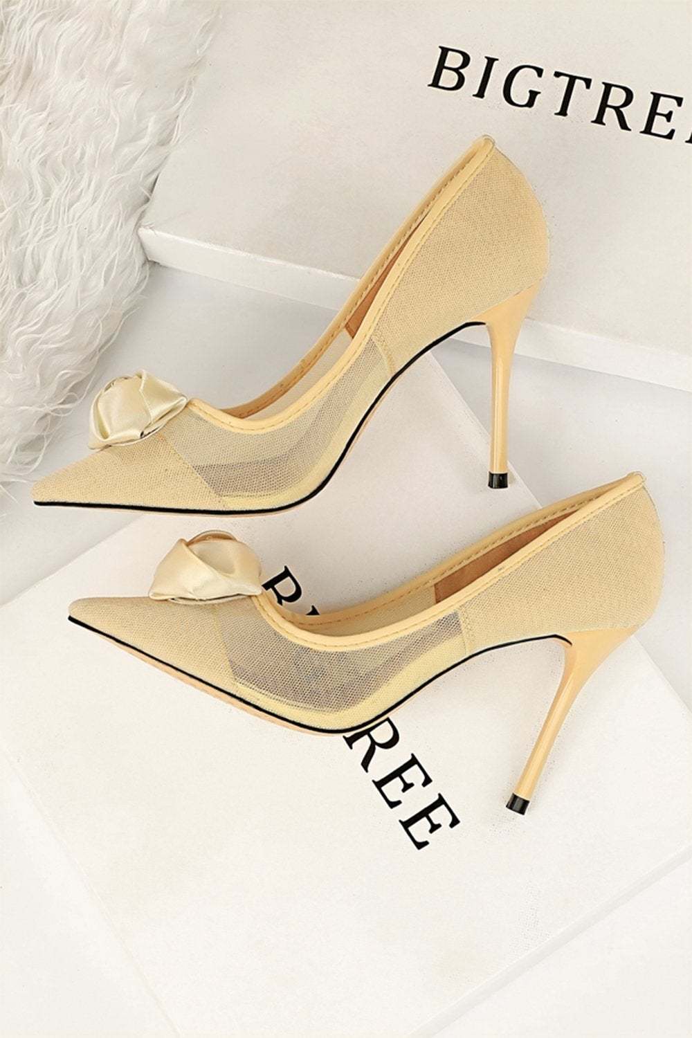 Satin Rose Stiletto Heels with Mesh Hollow Design