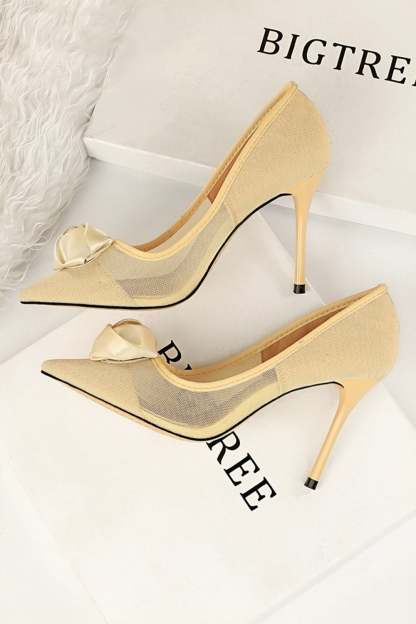 Satin Rose Stiletto Heels with Mesh Hollow Design