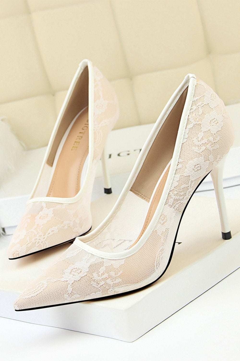 Stiletto Heels with Black Floral Lace