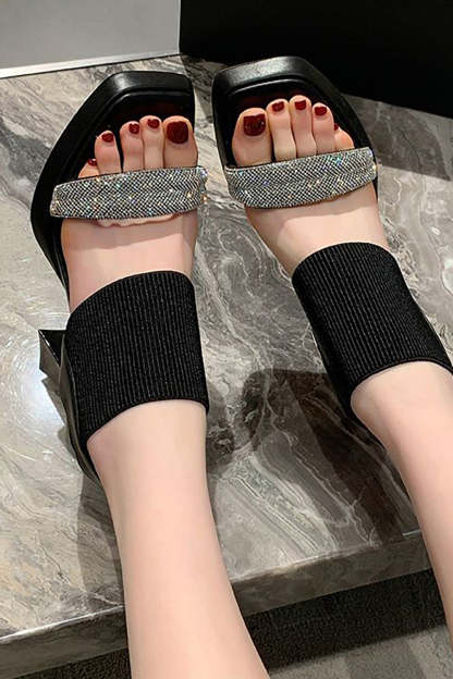 Solid Rhinestone Elastic Sandals with Thick Heel and Fish Mouth Design