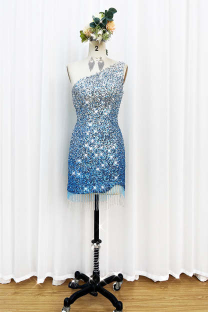 Sparkly Bodycon Spaghetti Straps Blue Sequins Short Cocktail Dress With Tassel