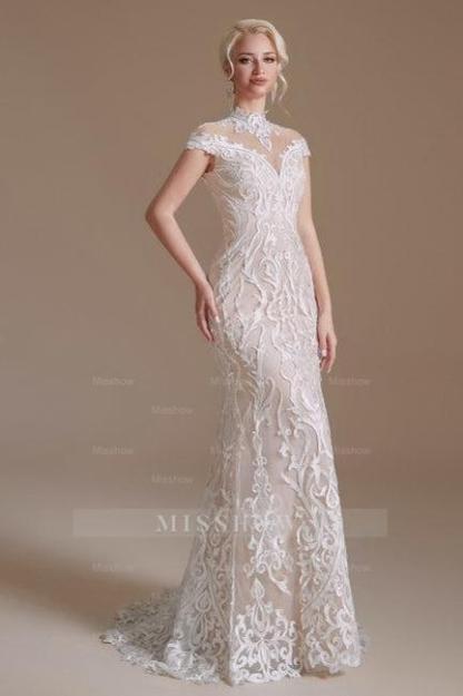 Fabulous Off-the-shoulder Sleeveless Mermaid Floor-Length Lace Wedding Dresses with Pattern