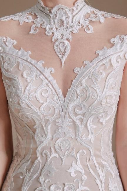 Fabulous Off-the-shoulder Sleeveless Mermaid Floor-Length Lace Wedding Dresses with Pattern