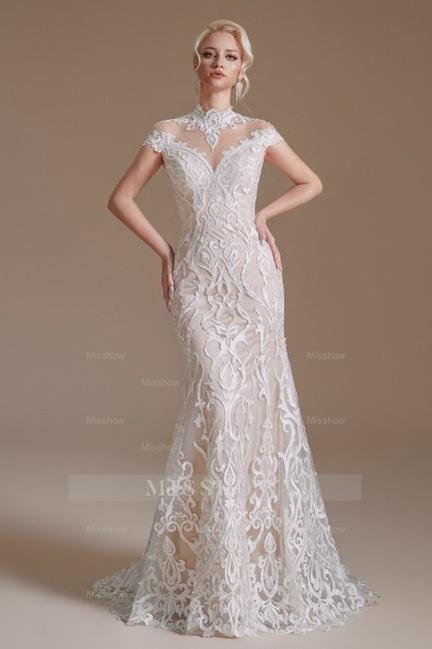 Fabulous Off-the-shoulder Sleeveless Mermaid Floor-Length Lace Wedding Dresses with Pattern