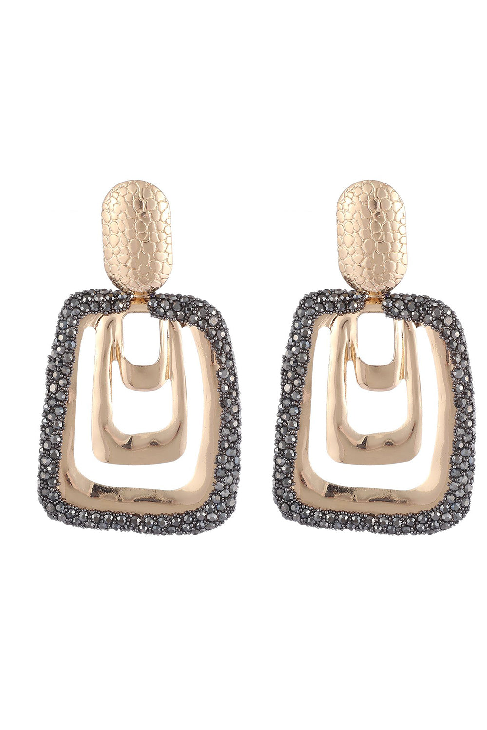 Golden Square Dangle Earrings with Rhinestones