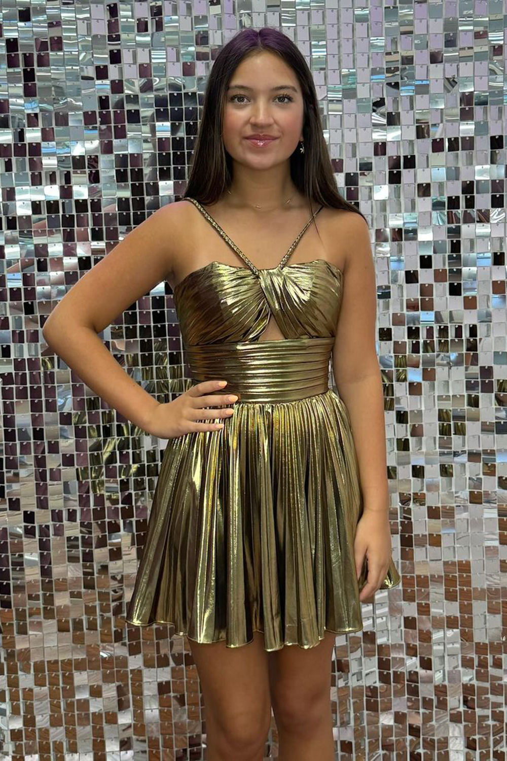 Metallic Golden Spaghetti Straps Pleated A Line Short Cocktail Dress