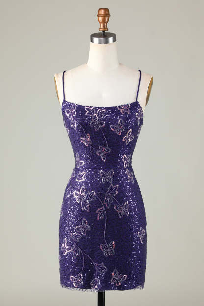 Sparkly Sheath Spaghetti Straps Purple Sequins Short Cocktail Dress With Criss Cross Back