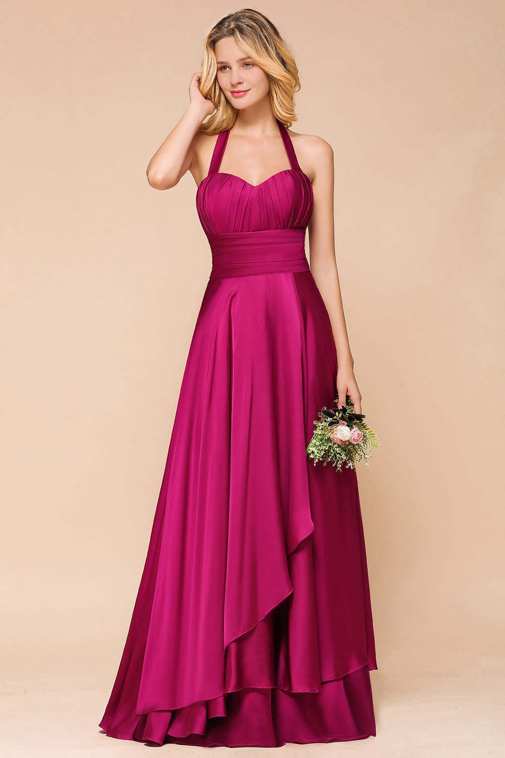 Fuchsia Halter Chiffon Bridesmaid Dresses Long Online