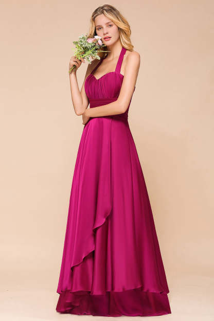 Fuchsia Halter Chiffon Bridesmaid Dresses Long Online