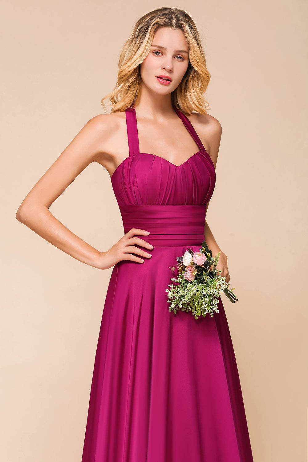 Fuchsia Halter Chiffon Bridesmaid Dresses Long Online