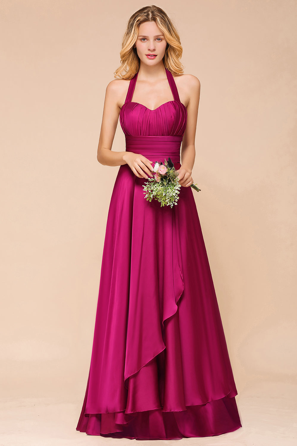 Fuchsia Halter Chiffon Bridesmaid Dresses Long Online